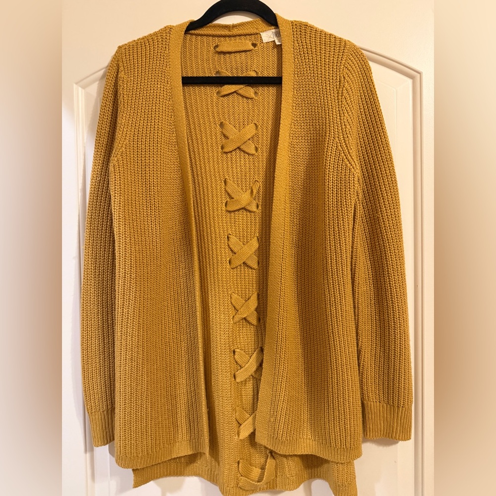 Textured Mustard Open-Front Cardigan with Front Bow Accents